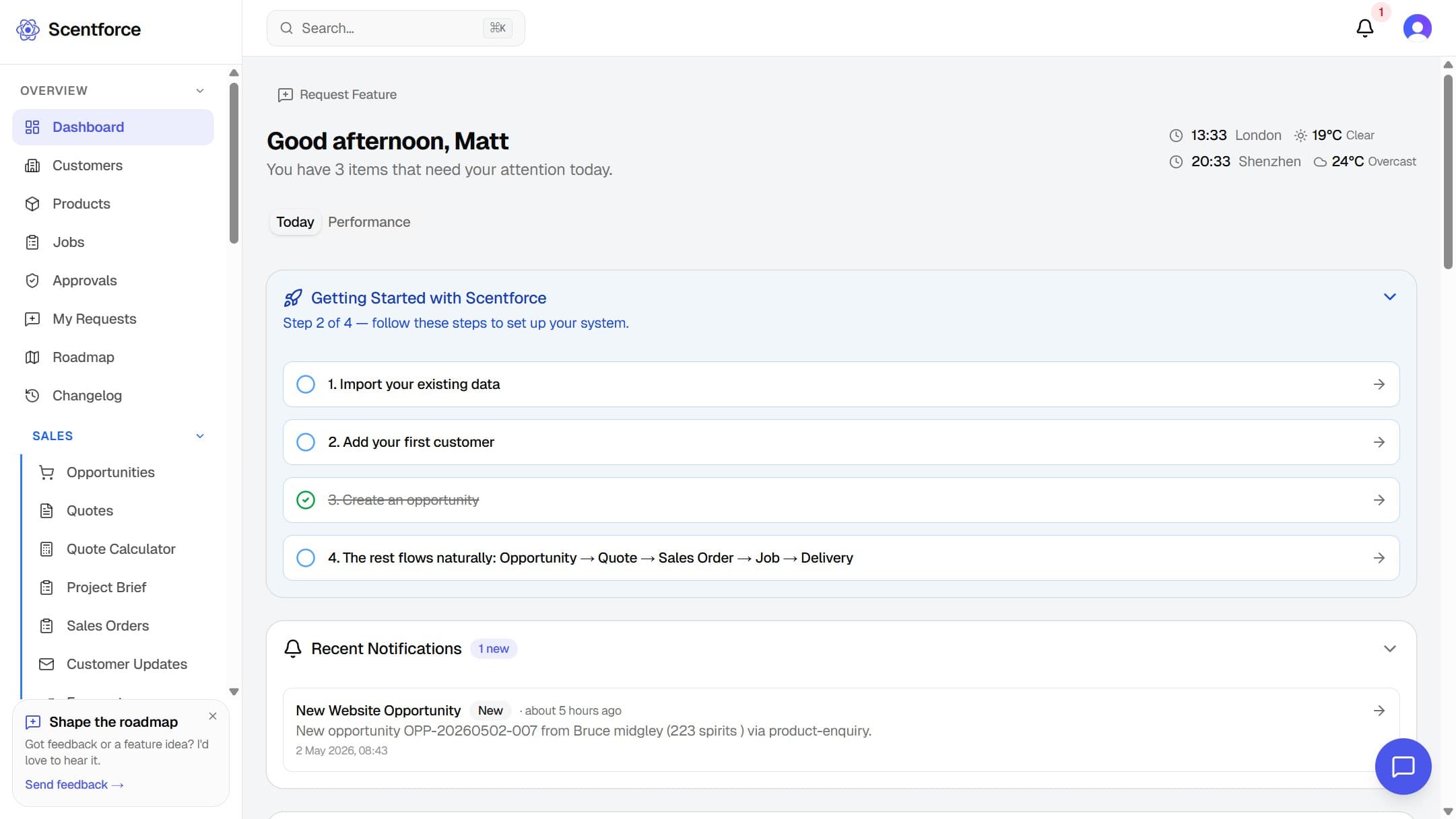 Scentforce dashboard with role-aware widgets, hot leads, recent activity, and pipeline charts