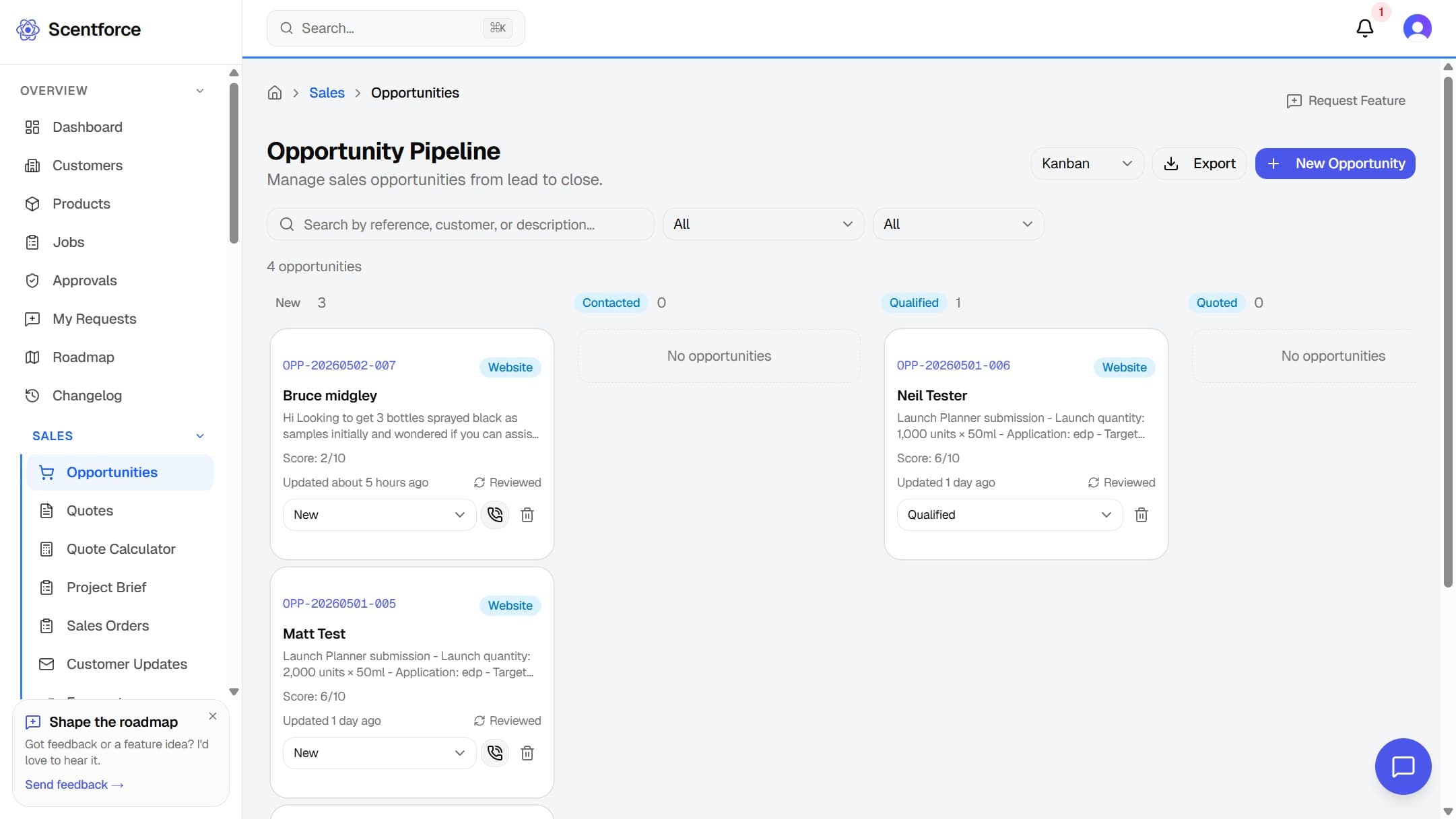 Scentforce opportunities Kanban with AI-scored leads in New / Contacted / Qualified / Quoted / Won / Lost